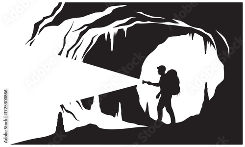 Caver Exploring Dark Underground Cave with Flashlight Beam