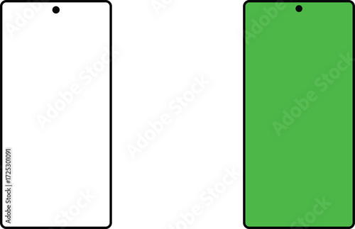 Two modern smartphones side by side, one with a white screen and the other with a green screen, isolated on a white background, representing technology and digital interfaces