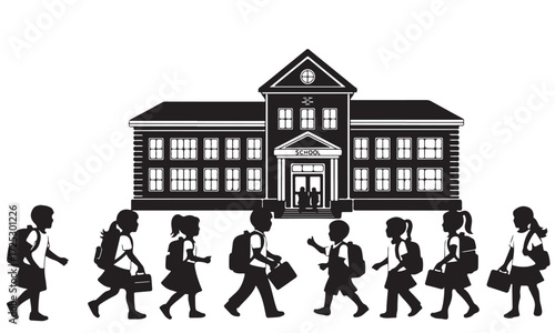 School Building and Students in Silhouette