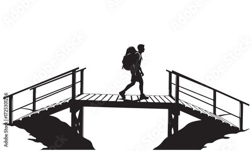 Silhouette of a person walking across a wooden bridge outdoors