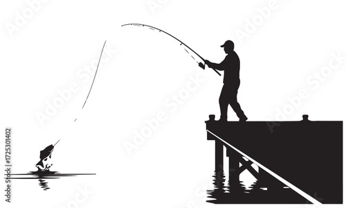 Silhouette of an Angler Reeling in a Fish from a Pier