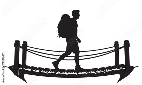 Silhouette of a Hiker with a Backpack Walking Across a Rope Bridge