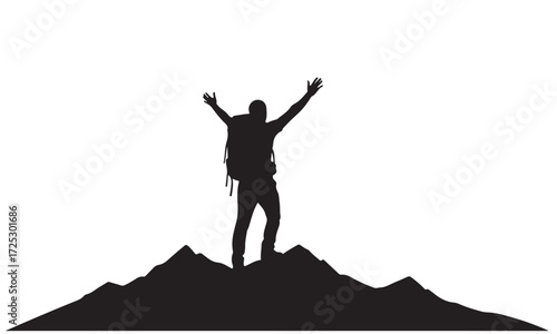 Silhouette of Triumphant Hiker with Arms Raised on Mountain Peak