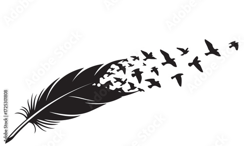 Symbolic Feather Transforming into Flying Birds Silhouette