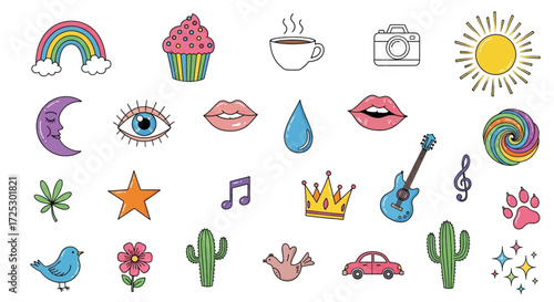 Whimsical hand-drawn illustrations of rainbow, cupcake, lips, eye, guitar, and more for fun designs