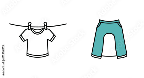 Clean laundry hanging on a clothesline with matching pants, perfect for everyday wear