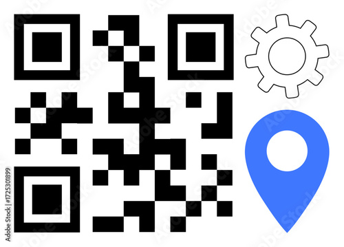 QR code beside a gear and a blue locator pin. Ideal for navigation, technology, scanning, software, location services, automation, and innovation. A simple flat metaphor