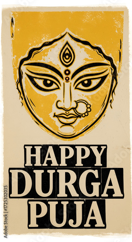 Durga Puja poster in vintage printmaking style, rough textured golden ink forming Durga’s face, hand-lettered typography ‘Happy Durga Puja’ engraved in block print style, earthy tones of saffron, beig