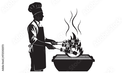 Chef Grilling Skewers Over Flames on a Barbecue