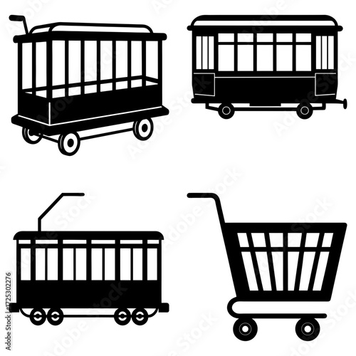 Illustration showing four different types of carts including trolleys and a shopping cart design