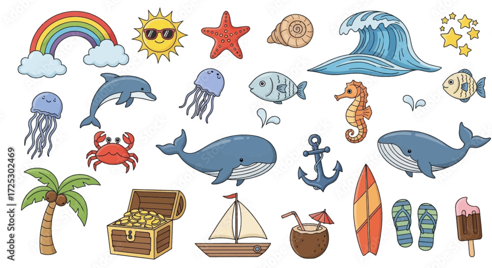 Naklejka premium Vibrant ocean life and summer fun elements for joyful designs, perfect for kids and vacations