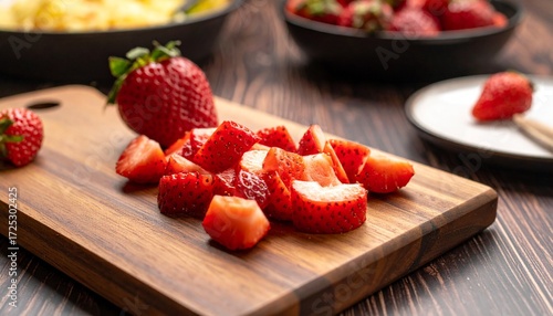 Morango picado em cima de tábua feita em madeira nobre