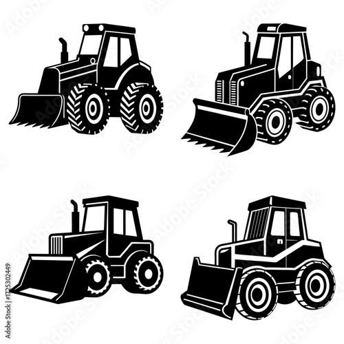 Four black and white illustrations of construction vehicles with large tires and front loaders displaye