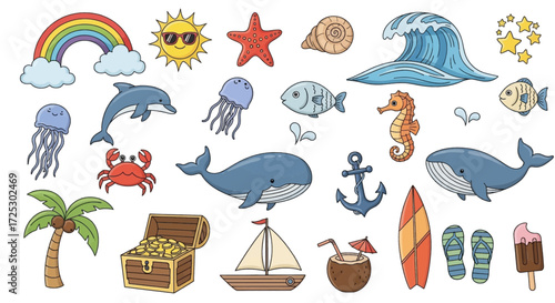 Vibrant ocean life and summer fun elements for joyful designs, perfect for kids and vacations