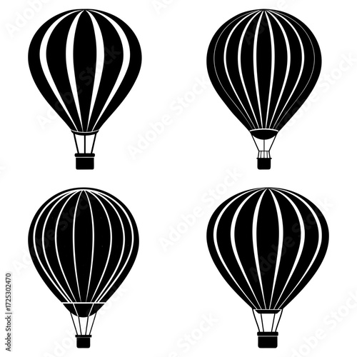 Four black and white hot air balloons in a grid pattern on a white background illustration style image