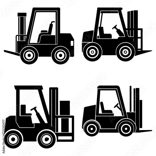 Four forklift trucks in black silhouette with different designs and configurations displayed on a white background