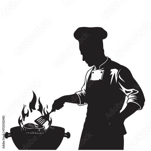 Silhouette of Chef Grilling Steak on Barbecue with Flames
