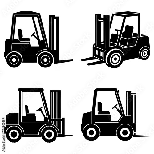 Four black and white forklift illustrations showing different perspectives and styles on a white background