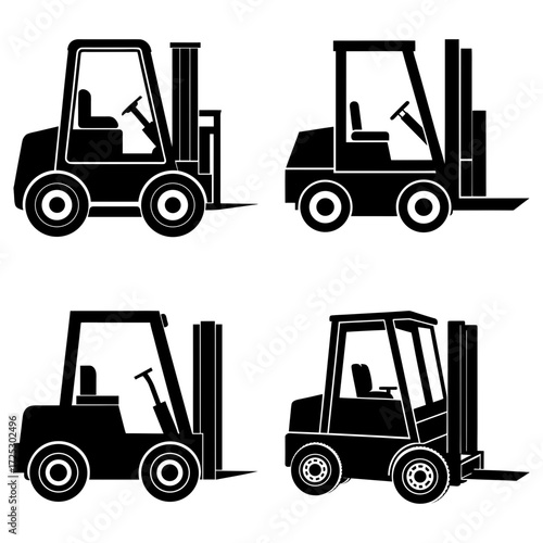 Four black forklift trucks in different orientations against a white background in a vector illustration