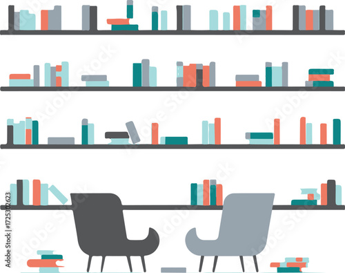 Cozy reading nook with bookshelves and modern chairs for quiet relaxation vector