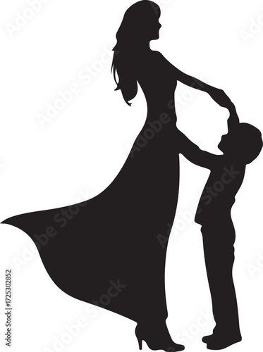 Silhouette of a mother in a flowing gown dancing with her young son vector
