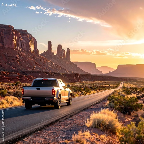 A silver pickup truck drives on a desert highway at sunset, with dramatic rock formations in the background