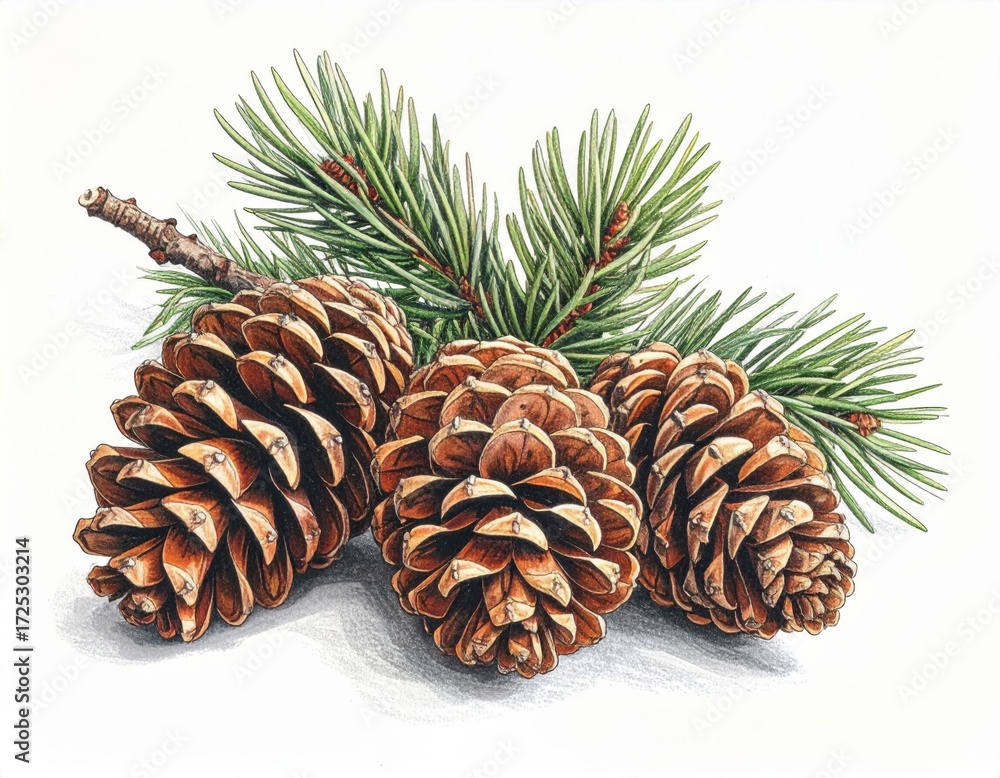 Fototapeta premium Three Brown Pine Cones with Green Needles on a White Background Still Life