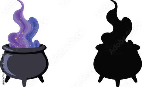 Magical cauldron with purple smoke and its silhouette illustration for halloween themed designs vector