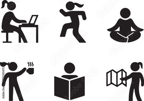Diverse stick figure icons representing daily activities and hobbies in modern lifestyle vector