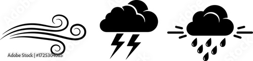 Weather forecast icons showing wind, lightning storm, and rain, created as a scalable graphic