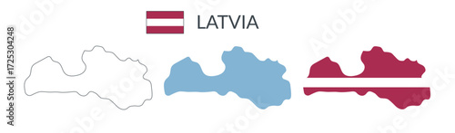 Latvia country geographical borders isolated on white background. Latvian flag. Vector flat cliparts.	