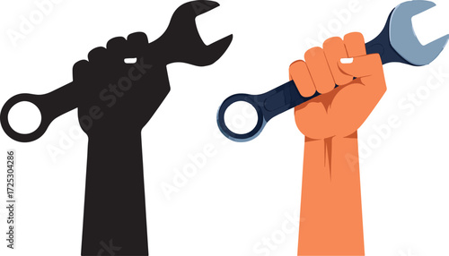 Close up of a hand holding a wrench in a strong fist symbolizing labor and mechanics industrial concept vector