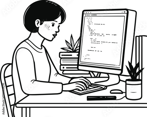 Person typing on computer line art – work from home concept, minimal style, white background