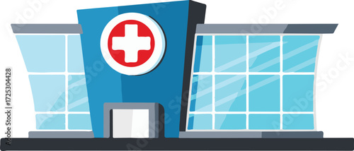 Modern hospital building with large glass windows and red cross symbol iconic healthcare facade vector