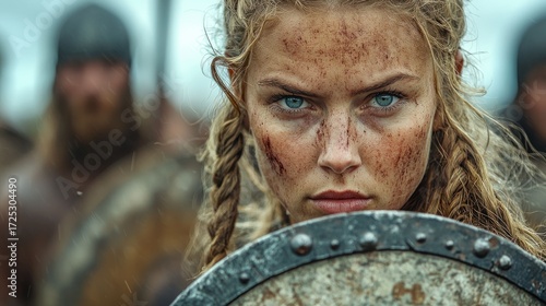 Warrior Woman Shield Maiden: A fierce female Viking warrior, bloodied but unbowed, stares defiantly forward, shield in hand, amidst a battle.