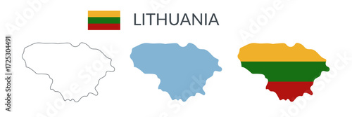 Lithuania country geographical borders isolated on white background. Lithuanian flag. Vector flat cliparts.	