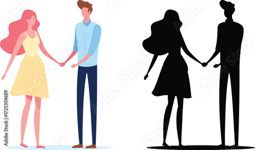A young couple holding hands standing together their silhouettes also shown showing love relationship and connection vector