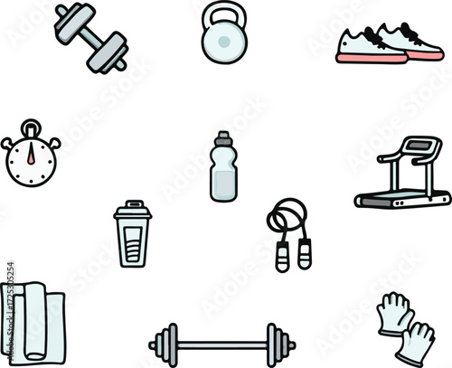 Collection of fitness equipment icons including dumbbells kettlebell shoes stopwatch water bottle treadmill jump rope towel and gloves vector