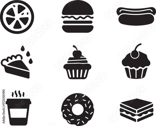Diverse collection of delicious food icons representing fast food treats and sweets set vector