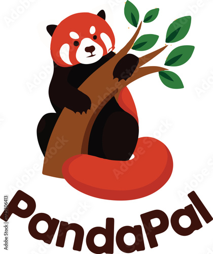 Adorable red panda character climbing tree branch with company logo text 'pandapal' cute wildlife animal vector