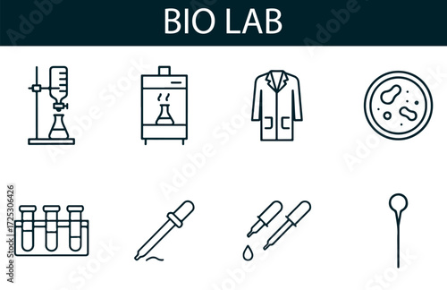 Biology Lab Icon Set – Vector Illustrations of Titration Setups, Petri Dishes, Lab Coats, Pipettes, and Sample Tools for Science, Education, and Research Projects