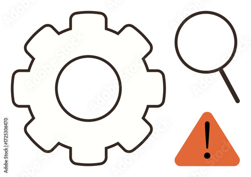 Gear symbolizes system or functionality, magnifying glass suggests inspection or research, and triangle warning sign highlights caution or errors. Ideal for technology, problem-solving, inspection