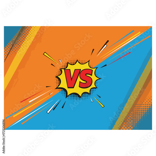 Comic book style versus battle illustration with orange and blue background.