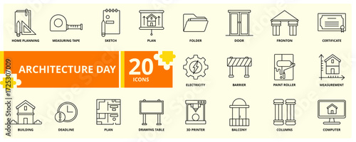 A set of 20 architecture day icons in outline style