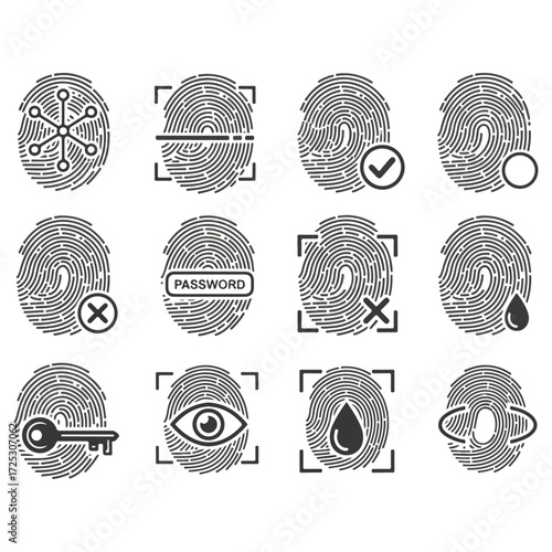 Fingerprint identification icons set for security and access control.