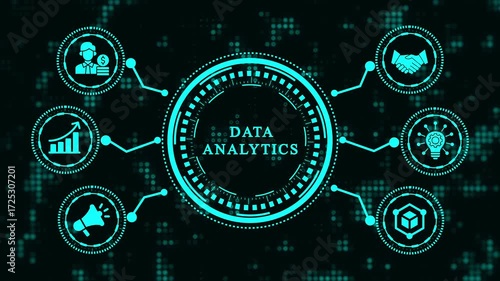 Data analytics concept with icons of marketing, sales, and customer service the icons are connected to a central circle with the words data analytics inside