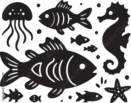 Silhouettes of marine life including fish seahorse jellyfish and starfish for underwater aquatic ocean scene design vector
