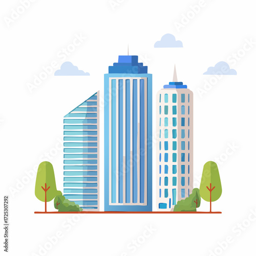 Modern urban skyline with blue glass skyscrapers and trees