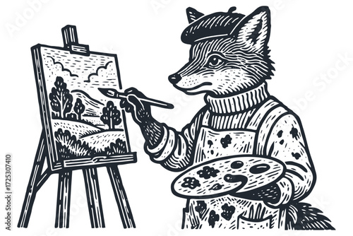 An anthropomorphic fox artist in a beret paints a landscape on an easel. A whimsical character in a vintage, hand-drawn woodcut or linocut style vector.