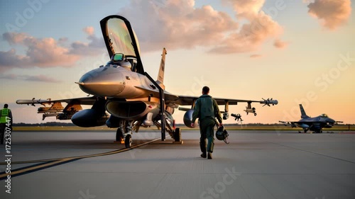 A fighter pilot walks towards his aircraft in a military airbase during sunset. The skies are colorful, creating a dramatic backdrop for the scene. Other planes are visible nearby
